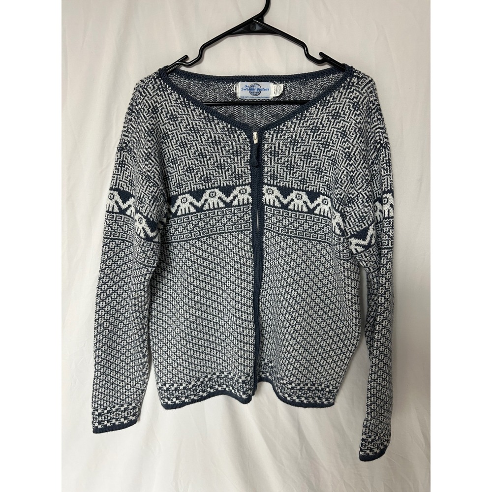 The Sweater Venture Hand Knit Zip Up Cardigan Navy Blue White Fair Isle Bird L
